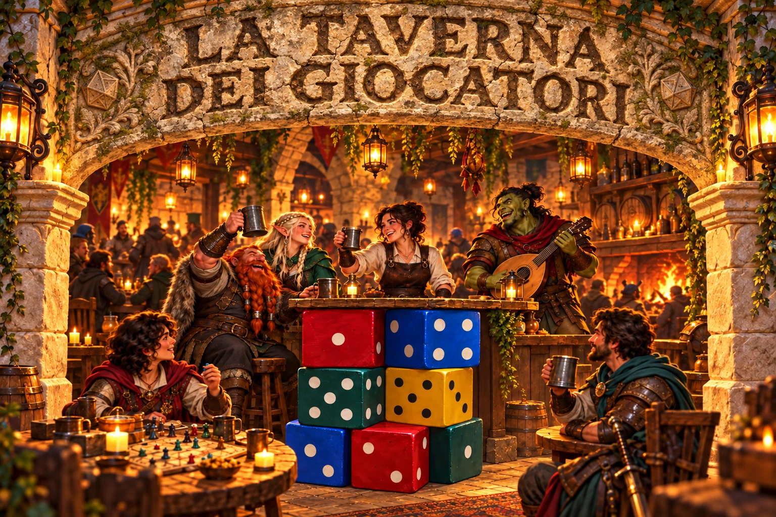 Un arco di pietra antica introduce la taverna UpGrade, con avventurieri in festa e il banco dei sette dadi